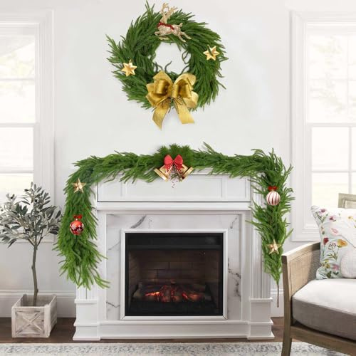 Künstliche Norfolk-Kiefern-Girlanden,,Tannengirlande, grüne künstliche Grüngirlande für Tisch, Kaminsims, Wand, Innenbereich, Winter-Weihnachtsdekoration, Feiertagsparty, Heimdekoration (1, 9FT)