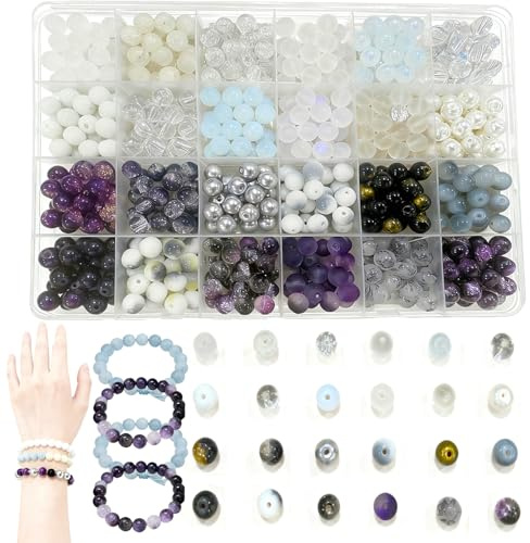 AEMCHDM 400 Stück Perlen für ArmbäNder, 24 Farben Glasperlen, 8mm Schwarze Perlen, Glasperlen Zum Auffädeln, Armbänder Selber Machen für Bastelperlen Zum Auffädeln, DIY Machen Set