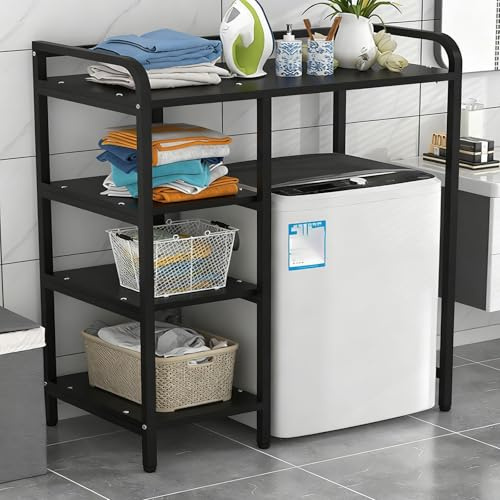 Estantería Lavadora Universal Carga Frontal/Superior, Cestas Ajustables Laterales, Mueble Lavandería Acero Robust(Flip Model - Black d)
