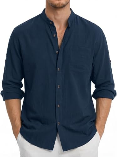 Enlision Mens Cotton Linen Shirts Long Sleeve Grandad Collar Shirts Summer Lightweight Button Down with Pocket S-4XL