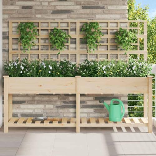 Gabionen Hochbeet, Gartenblumentopf mit Regal Beige 203.5 x 54 x 152.5 cm für Garten, Terrasse, Restaurants, Gewerbe
