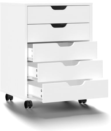 Bonnlo Mobile File Cabinet, 5 Drawers Wooden File Organiser White | Filing Cabinet,Printer Stand, Lateral Stationery Vertical Rolling Storage Chest, Under Desk Filing Organiser for Home Office