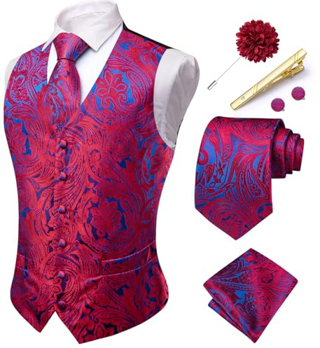 Hi-Tie Herren Paisley Anzugweste, formelle Jacquard-Seide, Weste und Krawatte, Reversnadel, Einstecktuch, Set für Hochzeit, Smoking, rot/blau, L