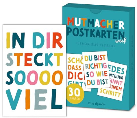 Rüsselfuchs Positive Sprüche Postkarten - 30 Stück Mutmacher-Karten - 15 Motive, jedes Motiv doppelt - Affirmationskarten DIN A6 weiß