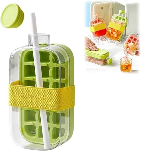 2 in 1 berührungsfreie Eiswürfelform Wasserflasche mit Deckel und Mülleimer Strohhalm & Deckel Tragbare Eiswürfelform Becher für Zuhause Büro Picknicks im Freien und Tr (Green, 800ml)