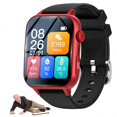 PEIKVOUL Smartwatch Anziani 4G con SOS, Rilevamento Cadute e Localizzazione GPS, Videochiamata, Chiamata Bidirezionale, IP67, Orologio Salvavita per Persone Anziane, Carta SIM Richiesta (Rosso)