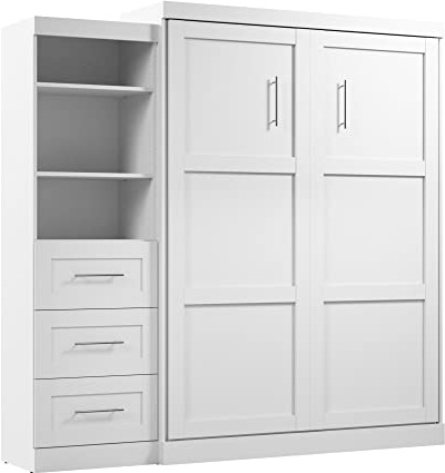 Bestar Queen Murphy Bed & Shelving Unit with Drawers, White, Pur, 90W