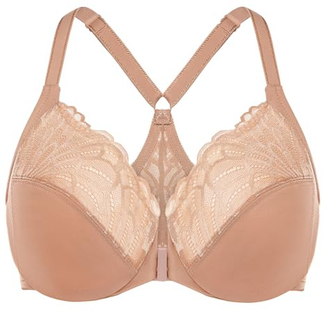 MELENECA Women's Front Fastening Racerback Plus Size Stretch Lace Underwire Unlined Bras Cappuccino 42D