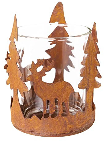 creativ home Metall Teelichthalter Rentier Baum Edelrost 6x8cm, Windlicht, Weihnacht, Rostdeko, Rostbraun
