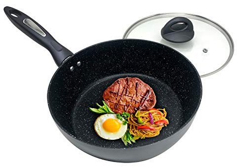 Bratpfanne Wokpfanne mit Glasdeckel Antihaft Pfanne Steinpfannen Universalpfanne Tiefe Pfanne Induktionsgeeignet alle Herdarten Inkl für Fettfreies Kochen Steak Pasta Bratchips Schmorgerichte 24cm