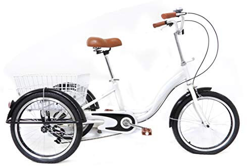 TIXBYGO 20 Zoll weißes Dreirad ganz Aluminium Links mit Parksperrenfunktion Trike Bike Radfahren mit Einkaufskorb für ältere Menschen (weiß, Einzelgeschwindigkeit)
