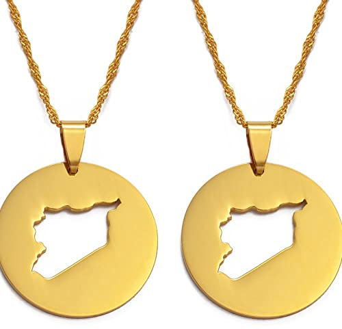 XYFCJK Syrien-Karte, Runder Anhänger, Halskette – Länderumriss, Ethnischer Stil, Hip-Hop-Schmuck, Ausgehöhlter Charme, Dünne Kette, Frauen/Mädchen/Männer, Unisex, 2 St