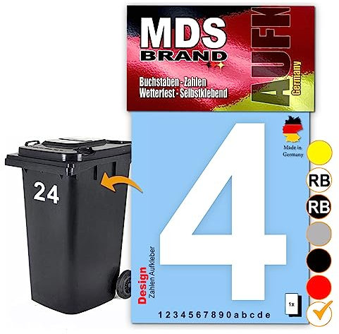 MDS Brand Design 15cm Zahlen Aufkleber Selbstklebende Klebezahlen für Briefkasten, Mülltonne & Hausnummeren Aufkleber für Außen & Innen, D-15 (4, Weiß)