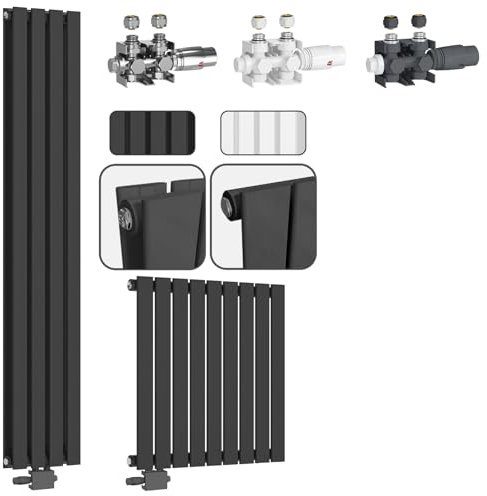 Aquamarin® Heizkörper - Horizontal, Flach, 600x614x69 mm, Doppellagig, mit Thermostatventil, Mittelanschluss, Anthrazit - Badheizkörper Handtuchhalter, Design Flachheizkörper, Heizung, Bad