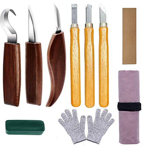 Holz-Schnitzwerkzeug Set,10 in 1 Schnitzmesser Set mit 6-tlg Holzschnitzhakenmesser,Schnitzmesser,Detailmesser,Flaches Messer,Dreiecks Messer,Schräges Messer,für Anfänger/Profis