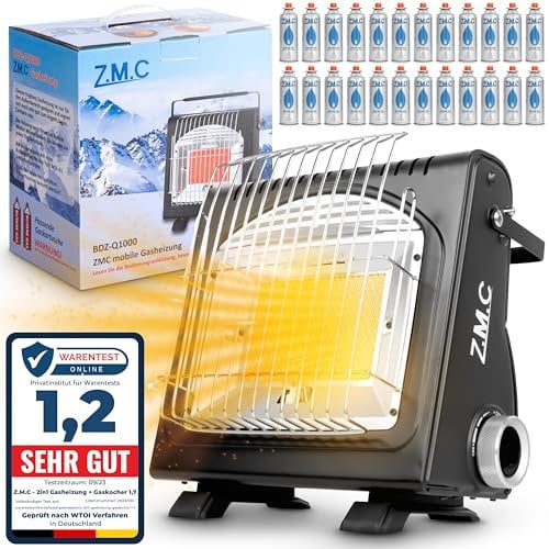 Z.M.C 2-in-1 Tragbare Gasheizung und Gaskocher + 24 Gaskartuschen 227g, Keramikheizung Camping Heizung 1,7 kW, Gasheizer für Outdoor und Terrasse, Garten & Balkon, mobile Heizstrahler mit Piezozündung
