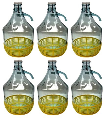 6 x Damigiana, Fiasco, Bottiglie di Vetro, da 5 l, con Chiusura a Tappo ERMENTICO e cestello - Dama Vetro 5L per Acqua Vino Olio - BOCCIONE Vetro per STOCCAGGIO