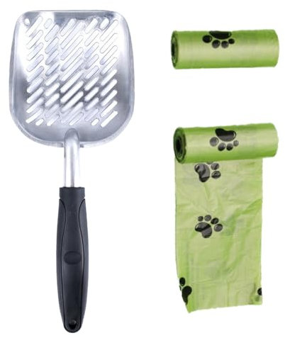 Sprießen Pala Arenero Gato,Recogedor Caca Gato,Cuchara para Gatos Negro,Pala para Arenero De Gatos con Bolsa para Excrementos De Mascotas(13,7 x 5,5 x 1,6,Aluminio,Luz Brillante)