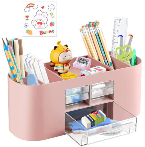 WuGU Stiftehalter Schreibtisch, Organizer Mit 10 Fächern Und Schublade, Multifunktionaler Büro Tisch Organizer, Stifte Aufbewahrung Für Büro Zuhause Schule - Rosa