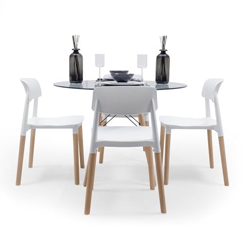 Homely - Conjunto de Comedor Tower Cristal 100 | Diseño Nórdico | Mesa Comedor sobre Cristal | 100 cm diámetro | 4 sillas | Patas Color Haya | Comedor, Salón, Cocina, Sala | Color Blanco y Haya