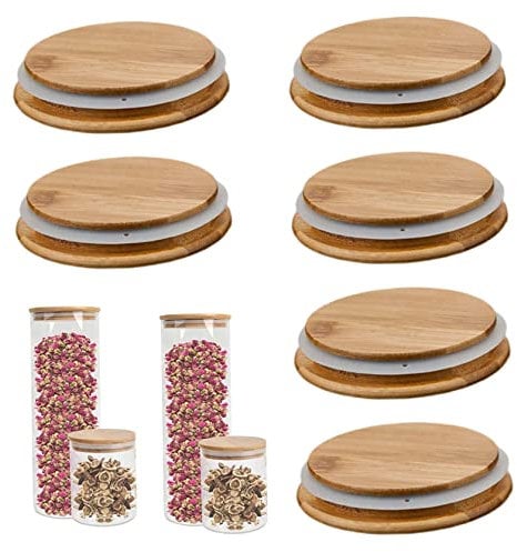 6PCS Wooden Mug Lids Jars Lids with Silicone Sealing Wooden Cup Lids Airtight Glass Storage Lids for Gu Pot Jars