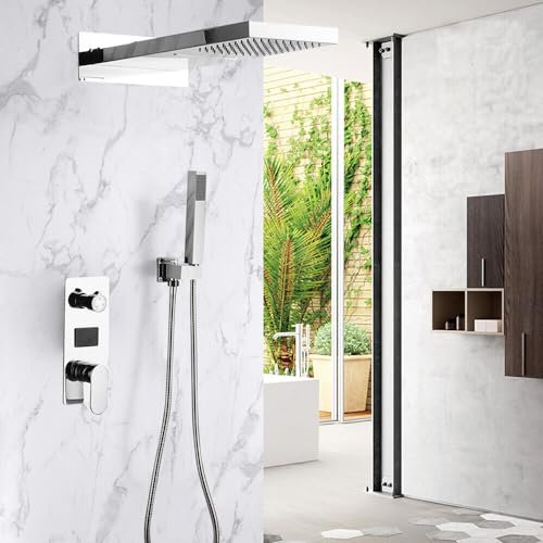 Juego de grifo de ducha empotrado, sistema de ducha termostático con pantalla digital, ducha de lluvia cepillada, juego de ducha montado en la pared con alcachofa/ducha de mano (plata)