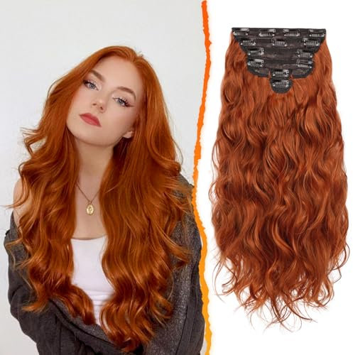 BARSDAR Clip in Extensions, 50CM Wellige Kupfer Rot Haarverlängerungen Für Frauen 6PCs Dickes Natürliches Weiches Synthetisches Haarteile Tägliche Party