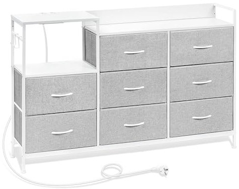 WOLTU Kommode mit 8 Schubladen aus Stoff, Stoffkommode mit Steckdosen, Kommodenschrank für Schlafzimmer Wohnzimmer Flur, aus Metallrahmen Holzwerkstoff, Hellgrau+Weiß, SSK007hgws