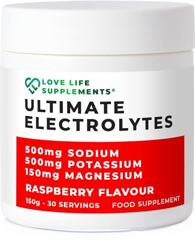 Ultimate Electrolytes Powder, 500mg Sodium, 500mg Potassium, 150mg Magnesium, 150g - 30 Servings, Pink Himalayan Salt for Hydration, Raspberry Flavour, Sweetened with Stevia - Love Life Supplements