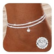 Diamday 925 Sterling Silver Ankle Bracelets for Women Silver Anklet Adjustable Women's Anklets Waterproof Dainty Layered Anklets Beaded Sparkling CZ Heart Pearl Beach Ankle Bracelets for Women D