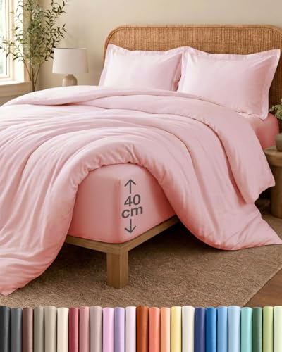 Duvet Cover Set King Size - 4 Piece Fitted Sheet 40cm (16) - Light Pink | Brushed, Soft, Wrinkle Resistant, Fade Resistant, Zip Closure, Corner Ties, Breathable, Easy Care, Bedding Set, OEKO-TEX