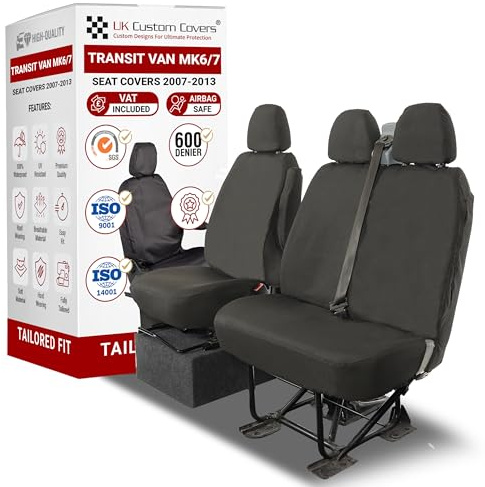 To Fit Ford Transit Van MK6/MK7 Seat Covers 2007-2013 Front Set | Waterproof & Heavy Duty, Easy To Fit Ford Transit MK6 MK7 Accessories - Tailored Driver & Double Passenger Black