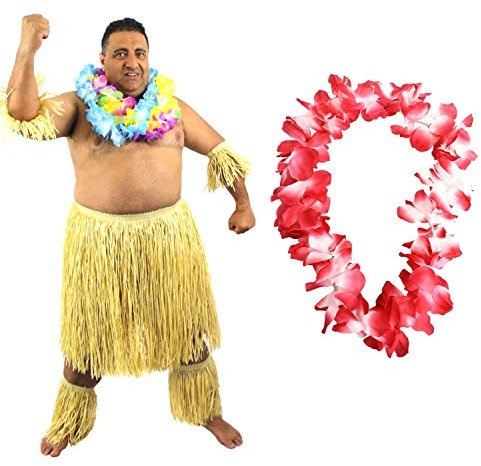 I LOVE FANCY DRESS HAWAIIANER SÜDSEE ZULU KÄMPFER KOSTÜM VERKLEIDUNG=6 TEILIG=1 ROTE LEI/BLUMENKETTE+2 BEIN STULPEN+2 ARM STULPEN+BASTROCK= HÜFTUMFANG UNGEFÄR -81-142cm+LÄNGE UNGEFÄHR - 58cm