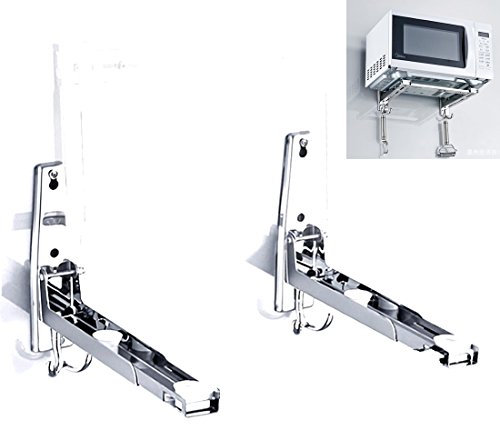 AWADUO Edelstahl Mikrowellenherd Rack, Retrackable Faltbare Mikrowelle Wall Mounted Ständer Halter Rack Bracket mit zwei Haken
