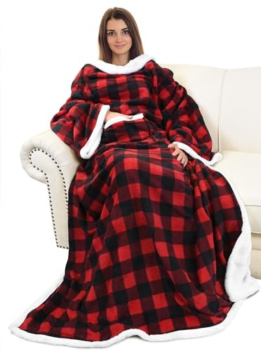 Catalonia Classy Flauschig Kuscheldecke mit Ärmeln Warm Weihnachten Geschenk für Frauen Herren, Flauschige Sherpa Decke mit Ärmeln, Wohndecke zum Anziehen Erwachsene, 185 x 140 cm Rot Karomuster