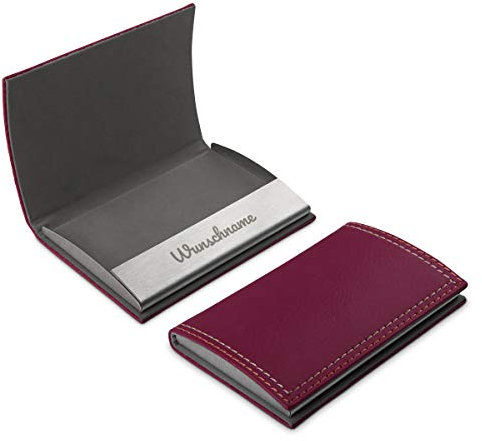 Visitenkartenetui aus dickem und hochwertigen Kunstleder mit individueller Gravur, Magnetverschluss und Gummi Innenfutter 10x7 cm Pink - Schriftzug Name