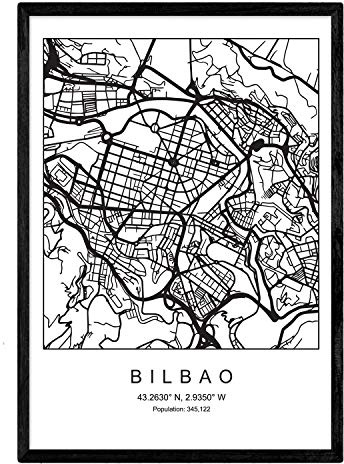 Nacnic Feuille plan de ville Bilbao. Photos, impressions et affiches pour le salon, la chambre à coucher... Style nordique en noir et blanc. Poster de pays et continents. Format A3 sans cadre.