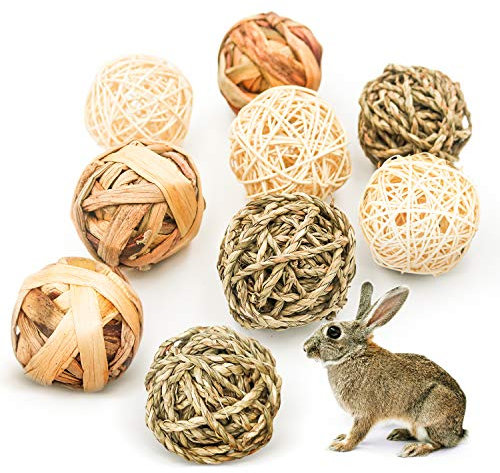 9 Stück Kaubälle, Kleintiere Kauspielzeug, Grasspielzeug für Kaninchen Meerschweinchen Chinchilla Hasen, Natürliche Bälle Leckereien geflochten Strohhalm lustiges Spielzeug für Kleintiere