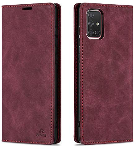 AFARER Handyhülle für Samsung Galaxy A51, klapphülle mit Ständer, Brieftasche Klappbar Ledertasche Wallet case Stoßfest Schutz mit Kartenhalter,Galaxy a51 hülle mit Magnetverschluss, Rot