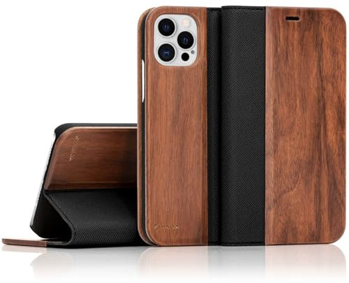 NALIA Echt-Holz Flipcase kompatibel mit iPhone 12 Pro Max Hülle, Premium Wood Etui Handyhülle mit Klappe, Handy-Tasche Phone Case Cover Schutzhülle Flipcover Klapphülle Rundum Schutz Bumper - Walnuss
