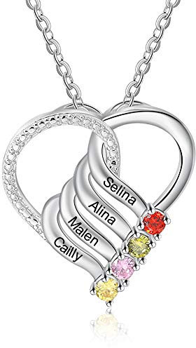 ALBERTBAND Personalisierte Kette Damen mit 2/3/4/5/6 Namen Geburtssteine Mutter Tochter Herz Halskette Geschenke für Frauen Mama Muttertag Weihnachten (Silber-4 steine)