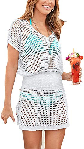 JFAN Vestido Playa Mujer Verano Pareo Playa Crochet Bikini Cover Up Vestido de Ganchillo Traje de baño Cubrir Camisolas y Pareos (Blanco,Talla única)