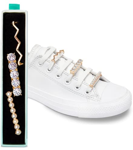 leazy Bling - Schuhschmuck für Sneakers, Freizeitschuhe – Schuh Schmuck Clips in Gold mit Strassteinen, Perlen - Schnürsenkel Anhänger für Mädchen und Damen
