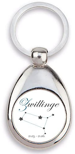 Schlüsselanhänger mit Sternzeichen & Einkaufswagen Chip,Horoskop,Geschenk Geburtstag Metall silber, Fische,Widder,Stier,Zwillinge,Krebs,Löwe,Jungfrau,Waage,Skorpion,Schütze,Steinbock (Zwillinge)