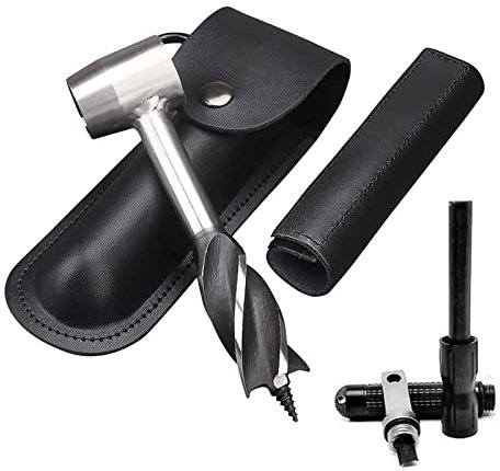 Bushcraft Gear for Survival Settlers Bushscraft Hand Auger Wrench with Flint Scotch Eye Wood Drill Peg and Manual Hole Maker Multitool with leather Case Camping Bushcrafting and Outdoor Backpacking