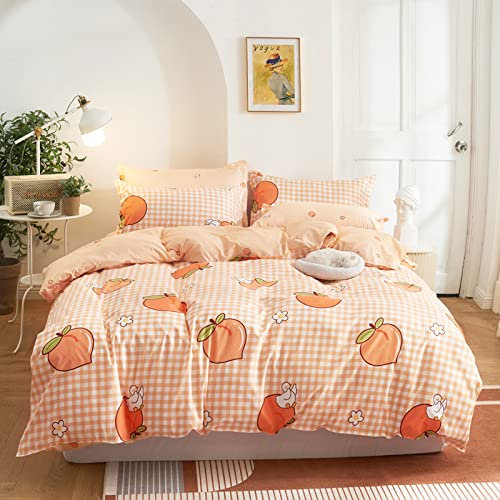 RFFLUX 3D Kawaii pfirsich orange kariert Bettwäsche Set 135x200 cm 2teilig mit Reißverschluss Weiche und Angenehme Schlafkomfort Microfaser Bettbezug Kinderbettwäsche mit Kissenbezug 80x80 cm