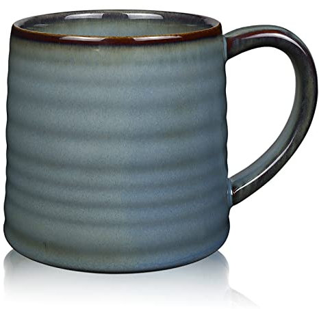 SECELES 500ml große Keramik Kaffeetassen Becher, handgemachte Keramik große Teetasse für Büro und Zuhause, großer Griff, mikrowellen spülmaschinenfest, Wellen Texturglasur (Nebel blau)