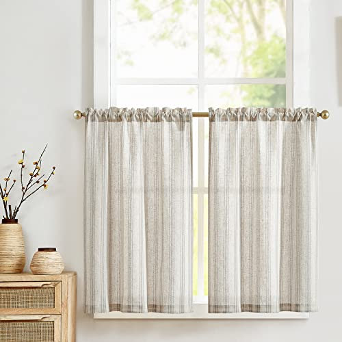 Vangao Streifen Scheibengardinen Modern Küche Grau und Beige Leinenoptik Gestreifte Bistrogardine 2er Set 65Bx90Hcm mit Stangendurchzug Landhaus Gardinen Kurz Halbtransparente Kurzstores Wohnwagen