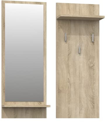 CDF Kleiderständer Riva | Farbe: Eiche Sonoma | Platz für Kleidungen, Mäntel, Jacken | Ideal für EIN Vorzimmer, Flur, Arbeitszimmer, Büro | 3 Haken | 2 Einlageböden | großer Spiegel