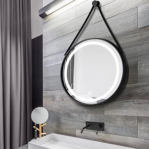 MENAYODA Badspiegel Rund mit Beleuchtung,LED-Spiegel mit Anti-Beschlage, Ø 50cm Durchmesser Spiegel Kaltweiß Lichtspiegel Wandspiegel mit Touchschalter mit Seil